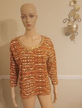 Ruby Rd. Orange Mosaic Long Sleeve Pullover Top